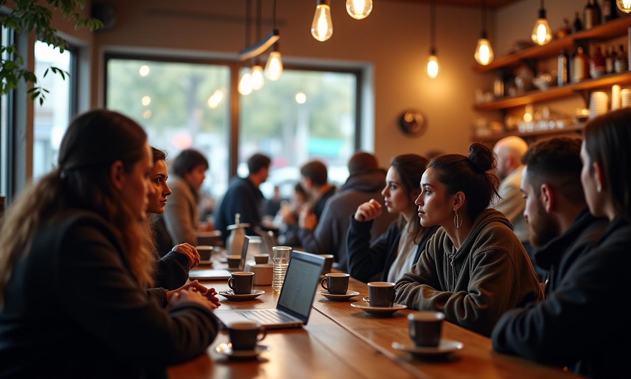 Cozy cafe interior with customers enjoying coffee and conversations