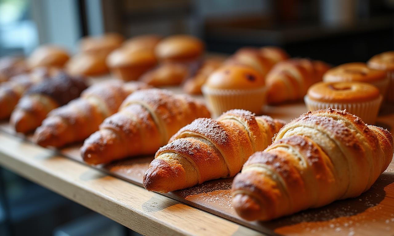 Appealing display of freshly baked pastries and croissants