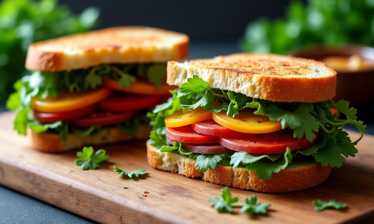 A vibrant, fresh artisanal sandwich on a wooden board